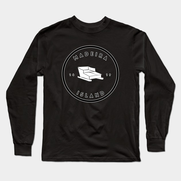 Madeira Island 1419 logo with the traditional toboggan ride/carro de cesto in black & white Long Sleeve T-Shirt by Donaby